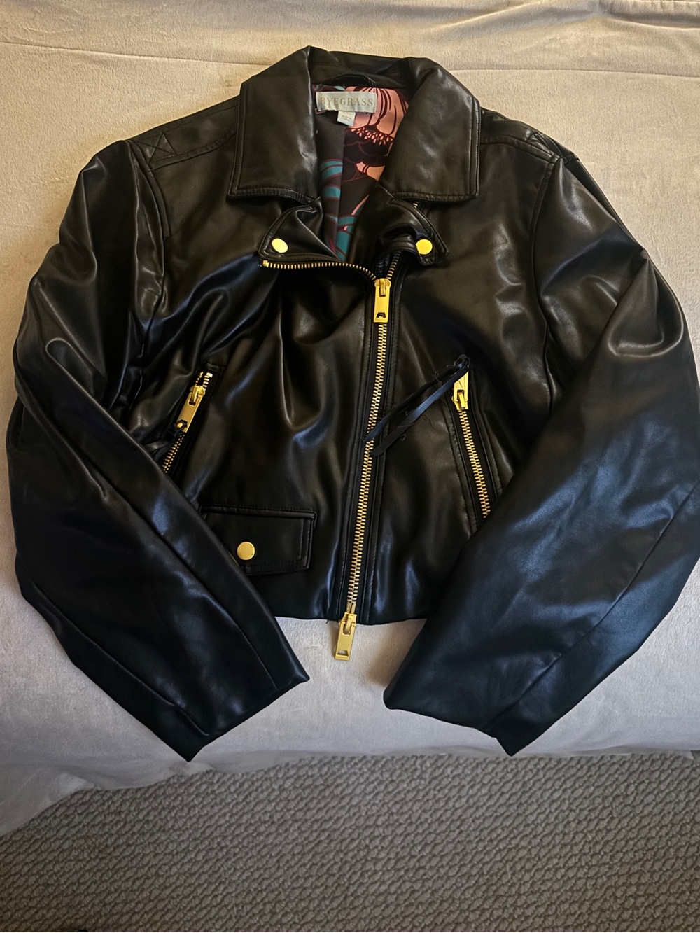 Ryegrass Black Leather Moto Jacket with Gold Hardware